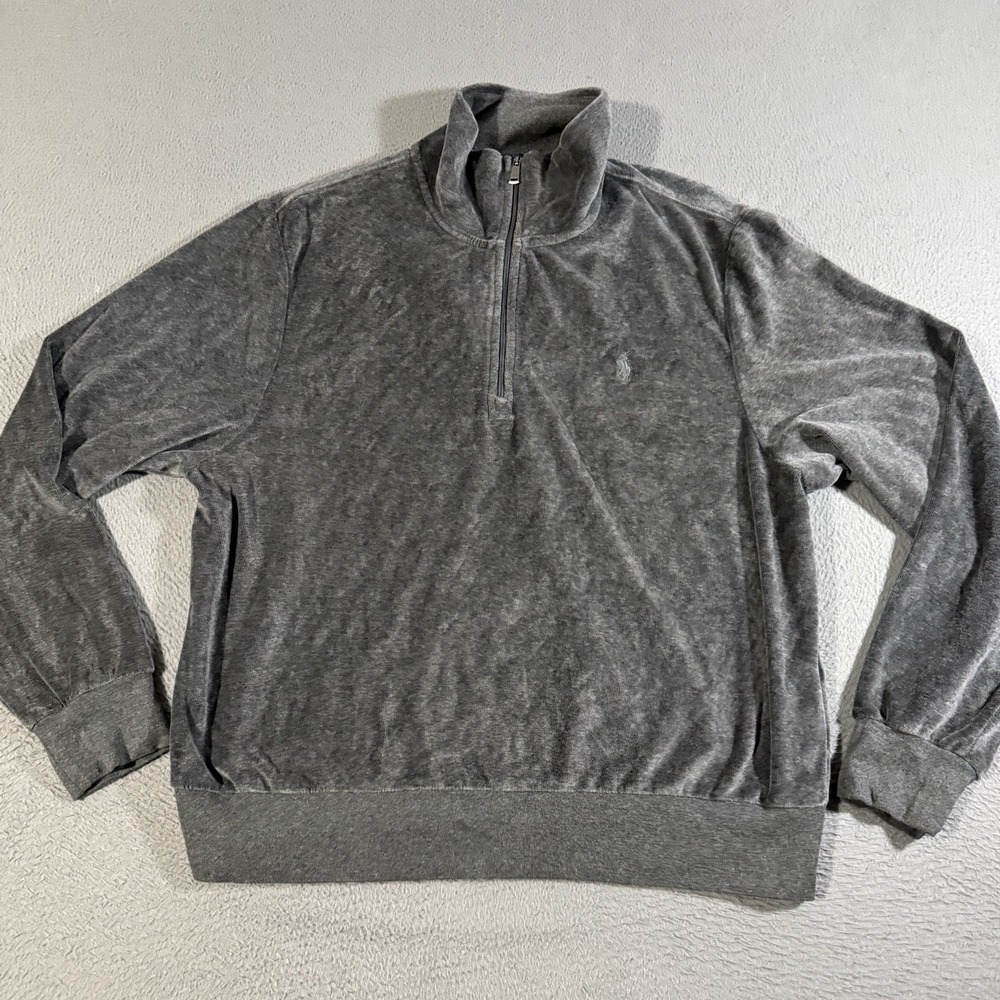 Polo Ralph Lauren 1/4 Zip Velour Pullover Top Women's Large Gray Pony Soft Cozy
